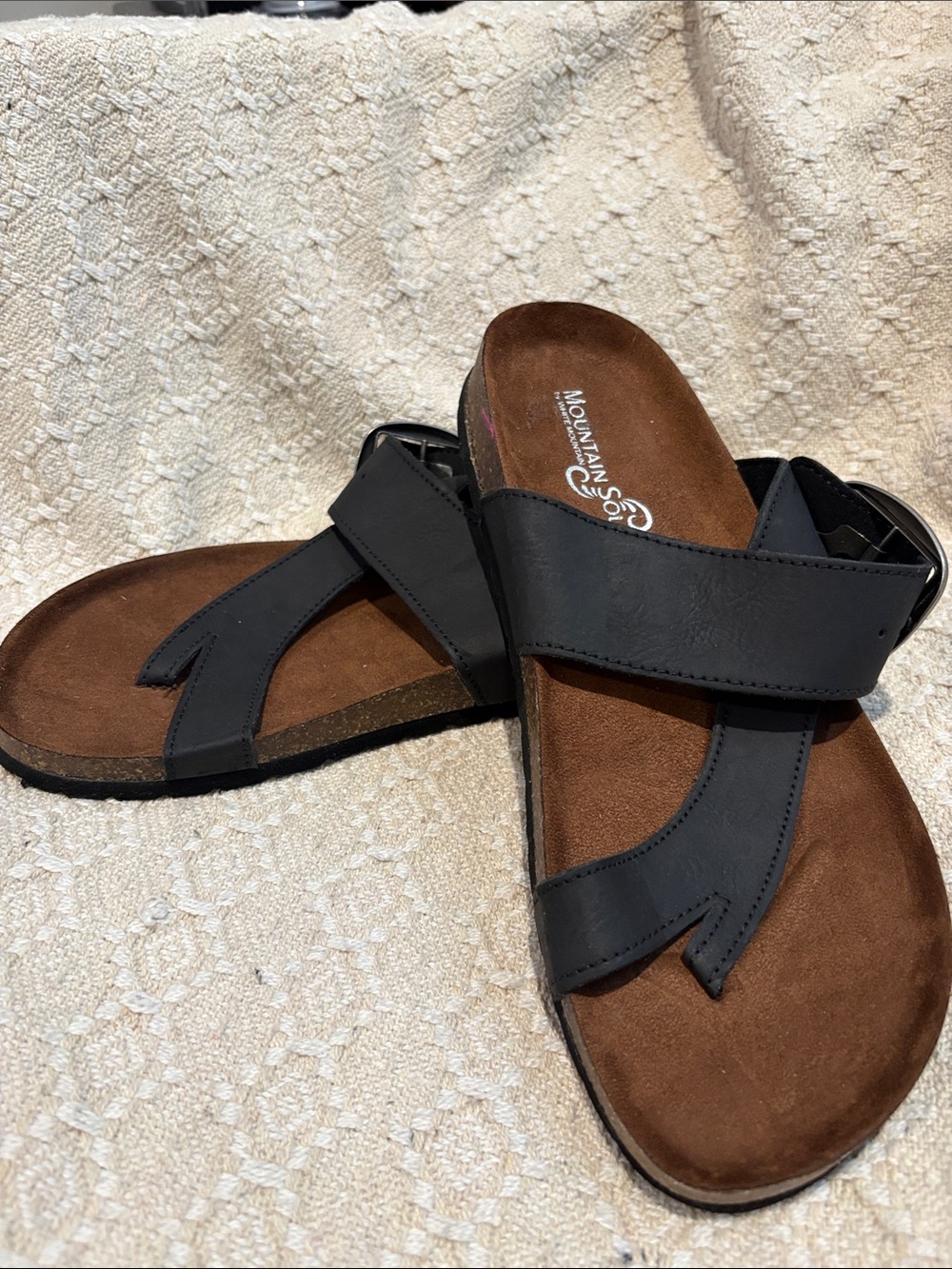 NOWT Black Leather Toe-Post Sandals for Women